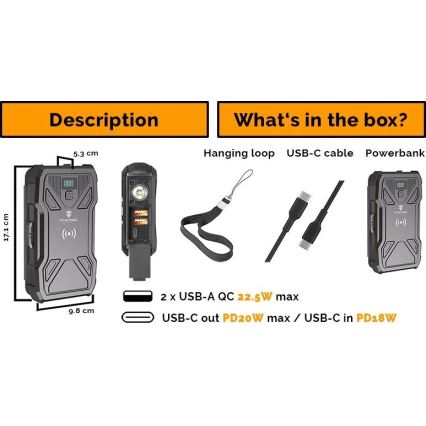 Viking - powerbank z LED svetilko, brezžičnim polnjenjem in solarnim panelom Power Delivery 22,5W/20000 mAh