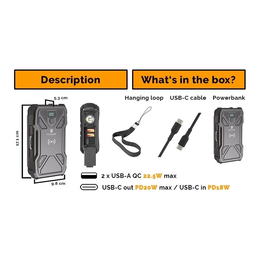 Viking - powerbank z LED svetilko, brezžičnim polnjenjem in solarnim panelom Power Delivery 22,5W/20000 mAh