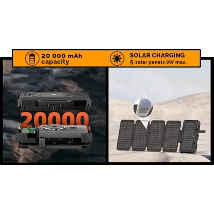 Viking - powerbank z LED svetilko, brezžičnim polnjenjem in solarnim panelom Power Delivery 22,5W/20000 mAh