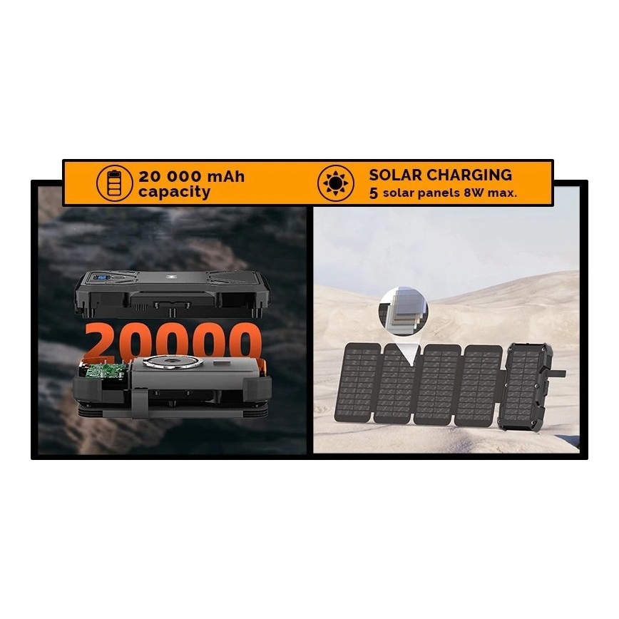 Viking - powerbank z LED svetilko, brezžičnim polnjenjem in solarnim panelom Power Delivery 22,5W/20000 mAh