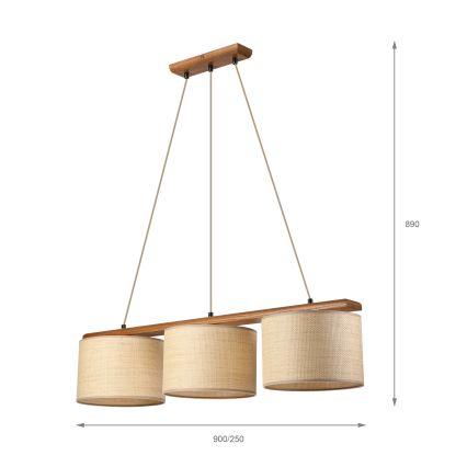 Viseči lestenec AIDA, 3xE27/15W/230V, premer 25 cm, hrast/rafija