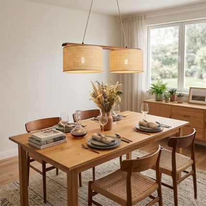 Viseči lestenec AIDA na kablu 2×E27/15W/230V Ø 35 cm hrast/rafija