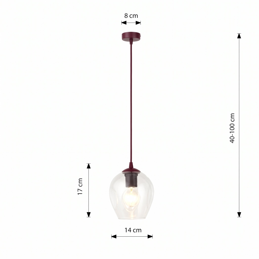 Viseči lestenec na kablu ISTAR 1xE27/15W/230V Ø 14 cm rdeča/prozorna