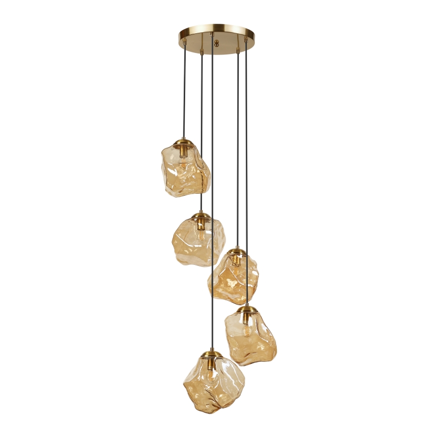 Viseči lestenec na žici CRISTAL 5xE14/15W/230V medeninast/dimno bež