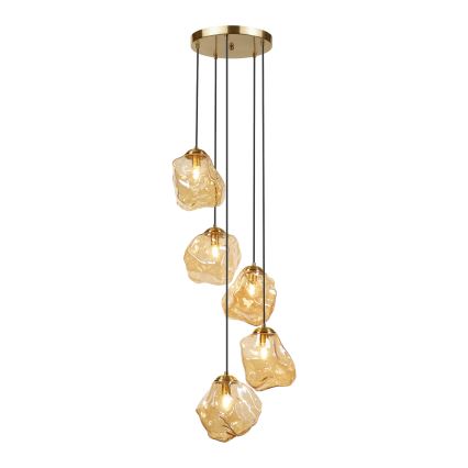 Viseči lestenec na žici CRISTAL 5xE14/15W/230V medeninast/dimno bež