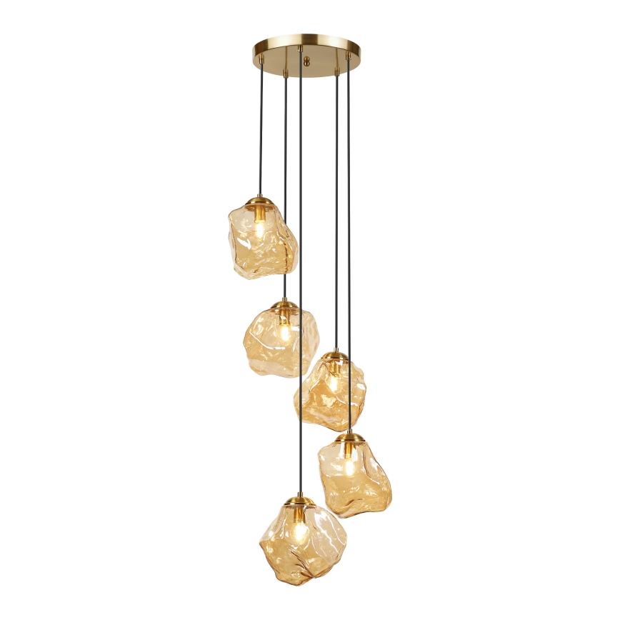 Viseči lestenec na žici CRISTAL 5xE14/15W/230V medeninast/dimno bež