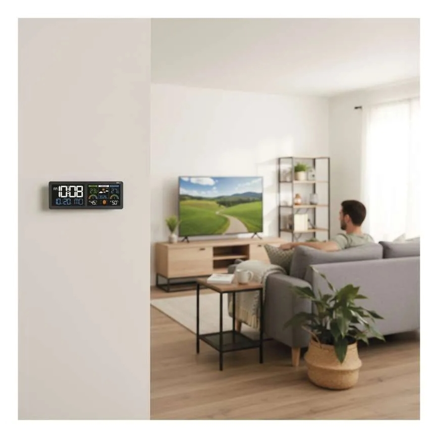 Vremenska postaja z barvnim LCD-zaslonom in budilko, napajanje 5V, 3xAAA + 2xAA, črna