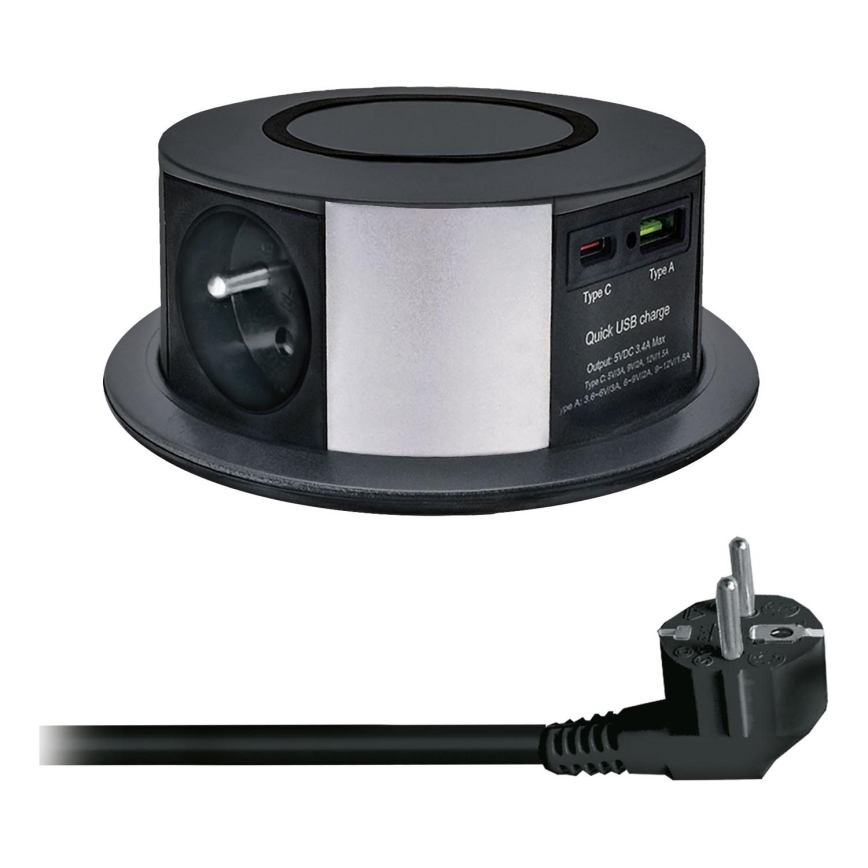 Vtičnica za namizno ploščo z brezžičnim polnjenjem Qi 3x230V + 1xUSB-A + 1xUSB-C črna/srebrna