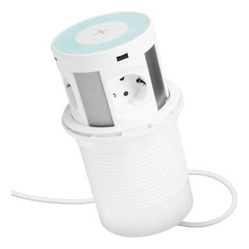 Vtičnični stolpec za vgradnjo v ploščo mize z brezžičnim polnjenjem, 4×230 V + 2×USB‑A + 2×USB‑C, bela