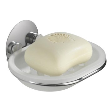 WENKO 18776100-Posodica za milo TURBO-LOC RUND iz jekla 13x11 cm, kromiran sijaj/bela