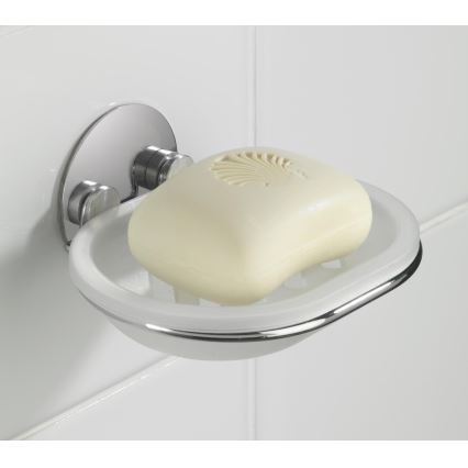 WENKO 18776100-Posodica za milo TURBO-LOC RUND iz jekla 13x11 cm, kromiran sijaj/bela