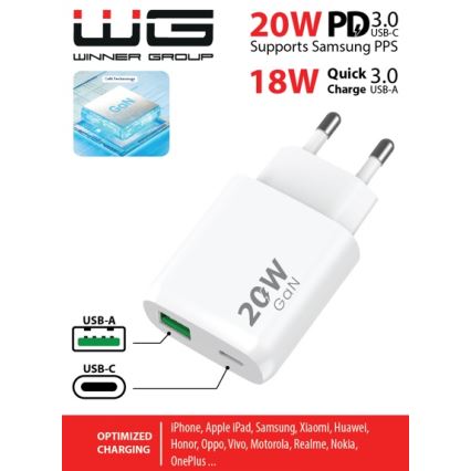 Winner Group - Adapter za hitro polnjenje 1xUSB-C + 1xUSB-A Power Delivery 20W bela