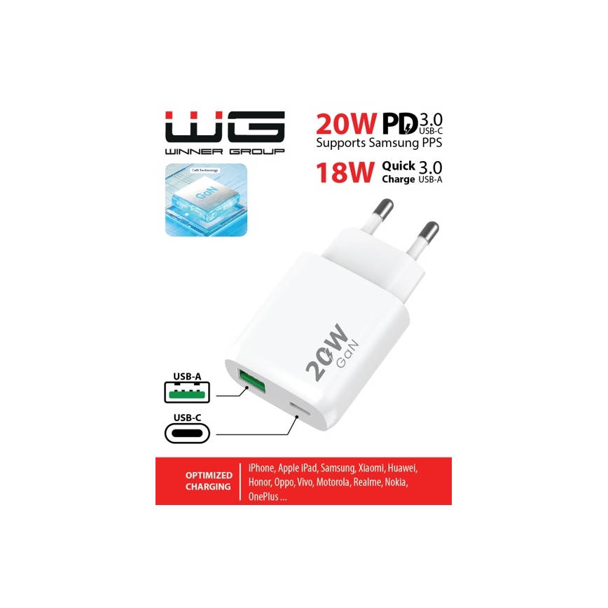 Winner Group - Adapter za hitro polnjenje 1xUSB-C + 1xUSB-A Power Delivery 20W bela