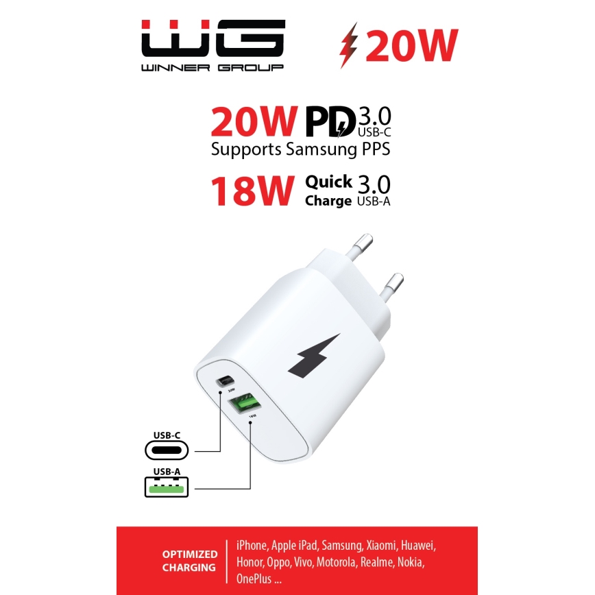 Winner Group - Adapter za hitro polnjenje 1xUSB-C + 1xUSB-A Power Delivery 20W bela