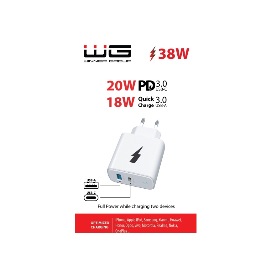Winner Group - Adapter za hitro polnjenje 1xUSB-C + 1xUSB-A Power Delivery 38W bela