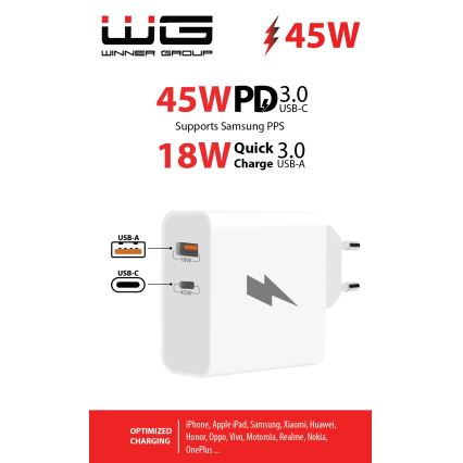 Winner Group - Adapter za hitro polnjenje 1xUSB-C + 1xUSB-A Power Delivery 45W bela