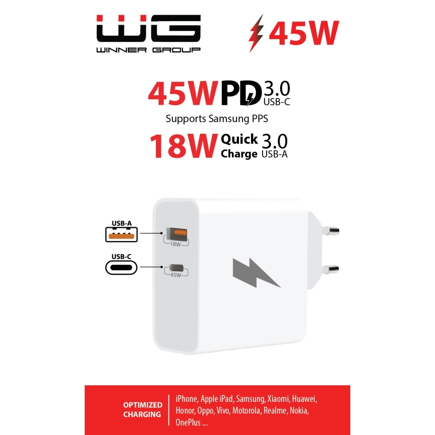 Winner Group - Adapter za hitro polnjenje 1xUSB-C + 1xUSB-A Power Delivery 45W bela