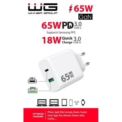 Winner Group - Adapter za hitro polnjenje 1xUSB-C + 1xUSB-A Power Delivery 65W bela