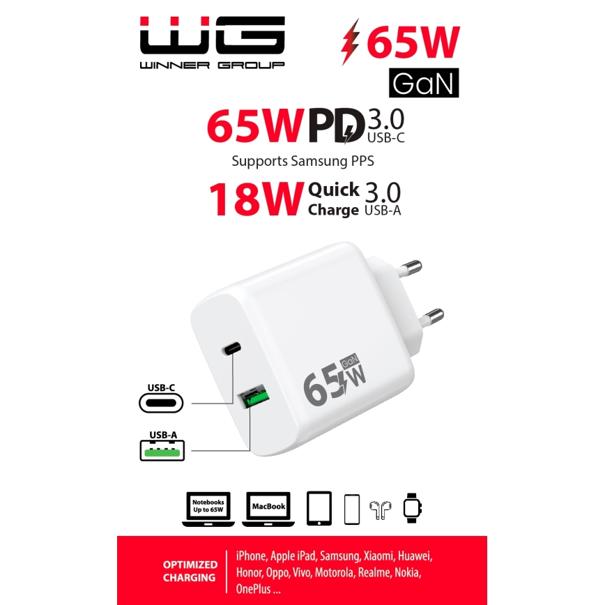 Winner Group - Adapter za hitro polnjenje 1xUSB-C + 1xUSB-A Power Delivery 65W bela
