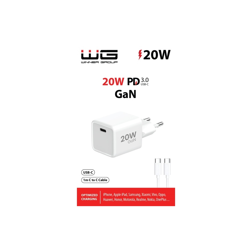 Winner Group- Adapter za hitro polnjenje 1xUSB-C PD 20W + USB kabel USB-C / USB-C 1m