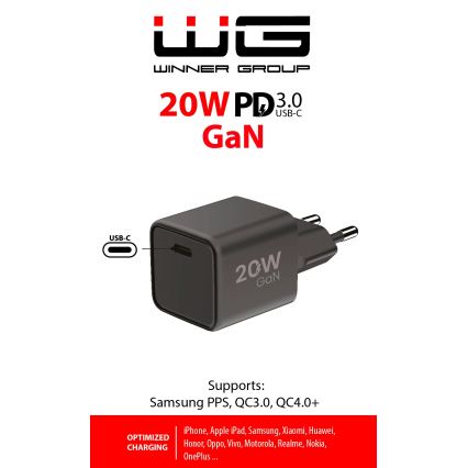 Winner Group - Adapter za hitro polnjenje 1xUSB-C Power Delivery 20W črna