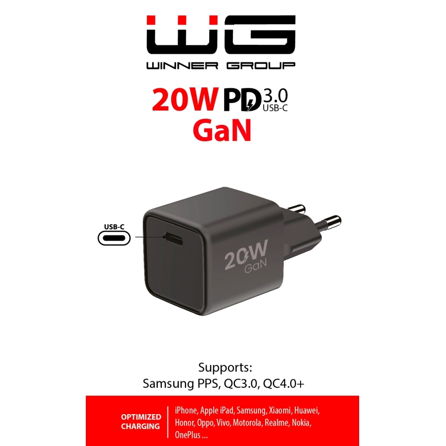 Winner Group - Adapter za hitro polnjenje 1xUSB-C Power Delivery 20W črna