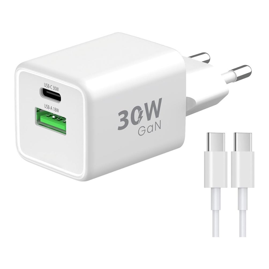 Winner Group - Adapter za hitro polnjenje 2xUSB PD 30W + USB kabel USB-C / USB-C 1m