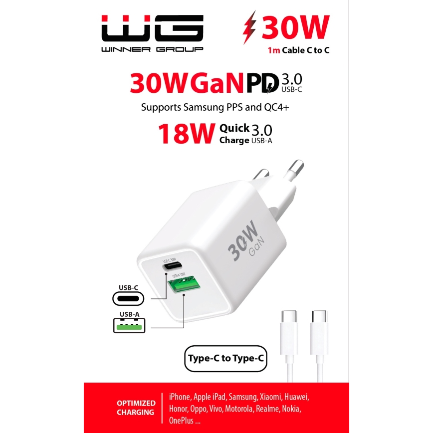Winner Group - Adapter za hitro polnjenje 2xUSB PD 30W + USB kabel USB-C / USB-C 1m