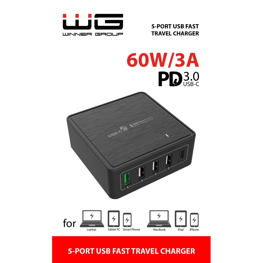 Winner Group - Adapter za hitro polnjenje 5xUSB-C Power Delivery 60W črna