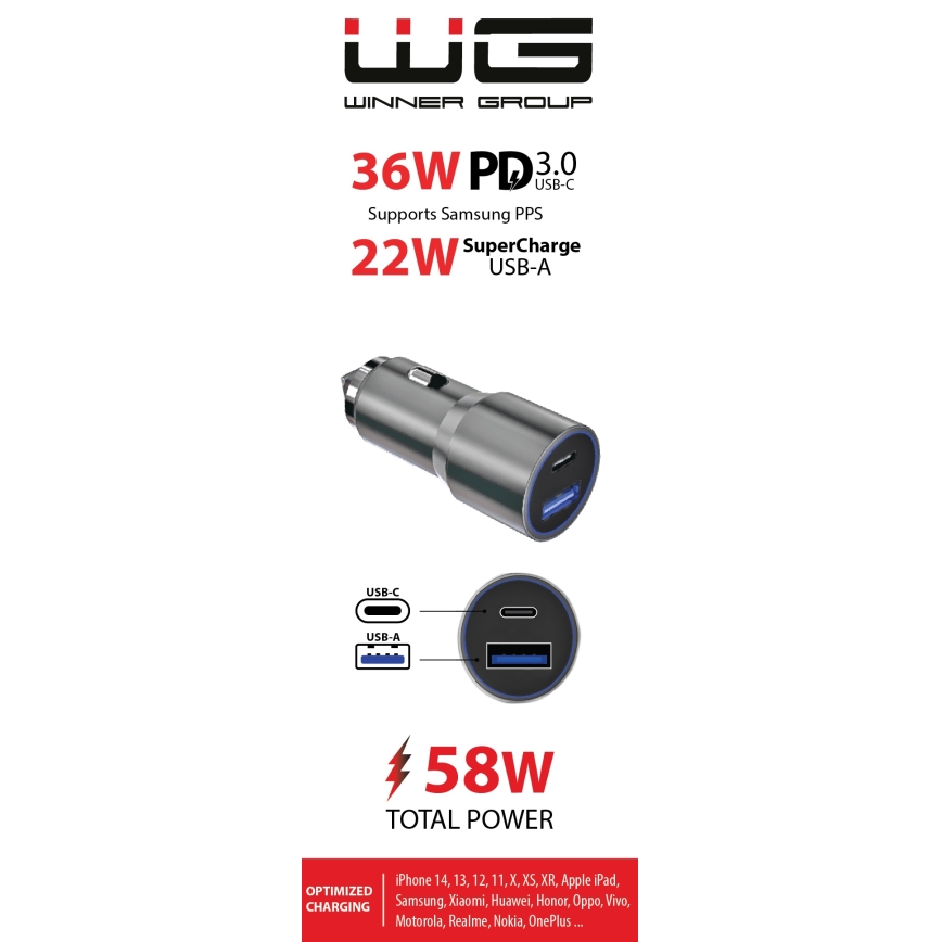 Winner Group - Avto polnilnik 1xUSB-C + 1xUSB-A Power Delivery 58,5W srebrna