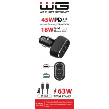Winner Group - Avto polnilnik 1xUSB-C + 1xUSB-A Power Delivery 63W + USB kabel USB-C / USB-C 1 m črna