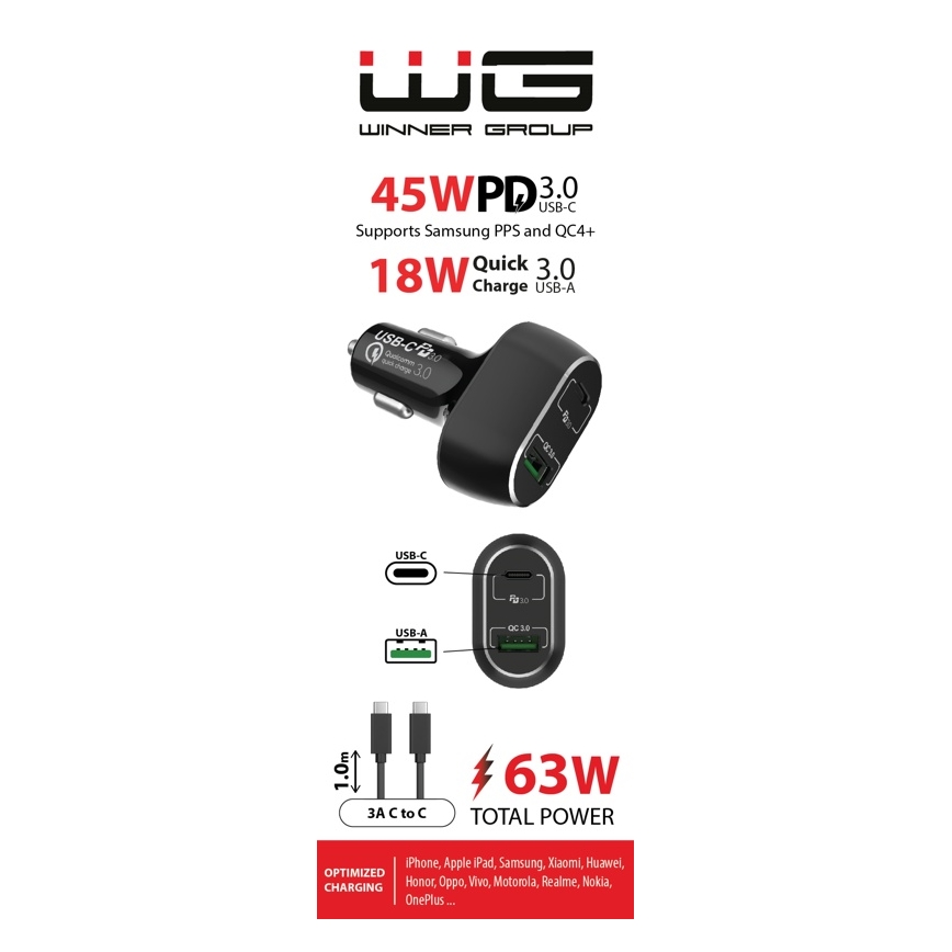 Winner Group - Avto polnilnik 1xUSB-C + 1xUSB-A Power Delivery 63W + USB kabel USB-C / USB-C 1 m črna