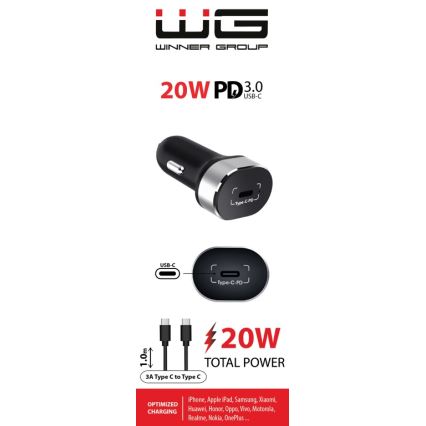 Winner Group - Avto polnilnik 1xUSB-C Power Delivery 20W + USB kabel USB-C / USB-C 1 m črna