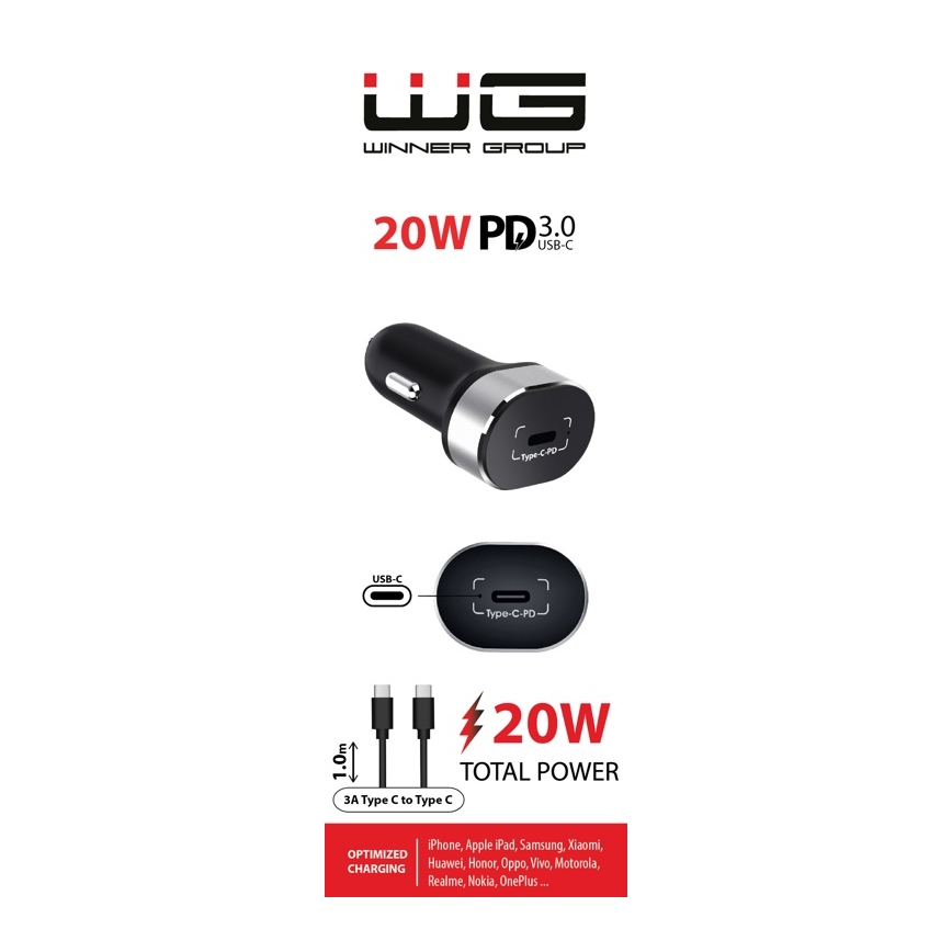 Winner Group - Avto polnilnik 1xUSB-C Power Delivery 20W + USB kabel USB-C / USB-C 1 m črna