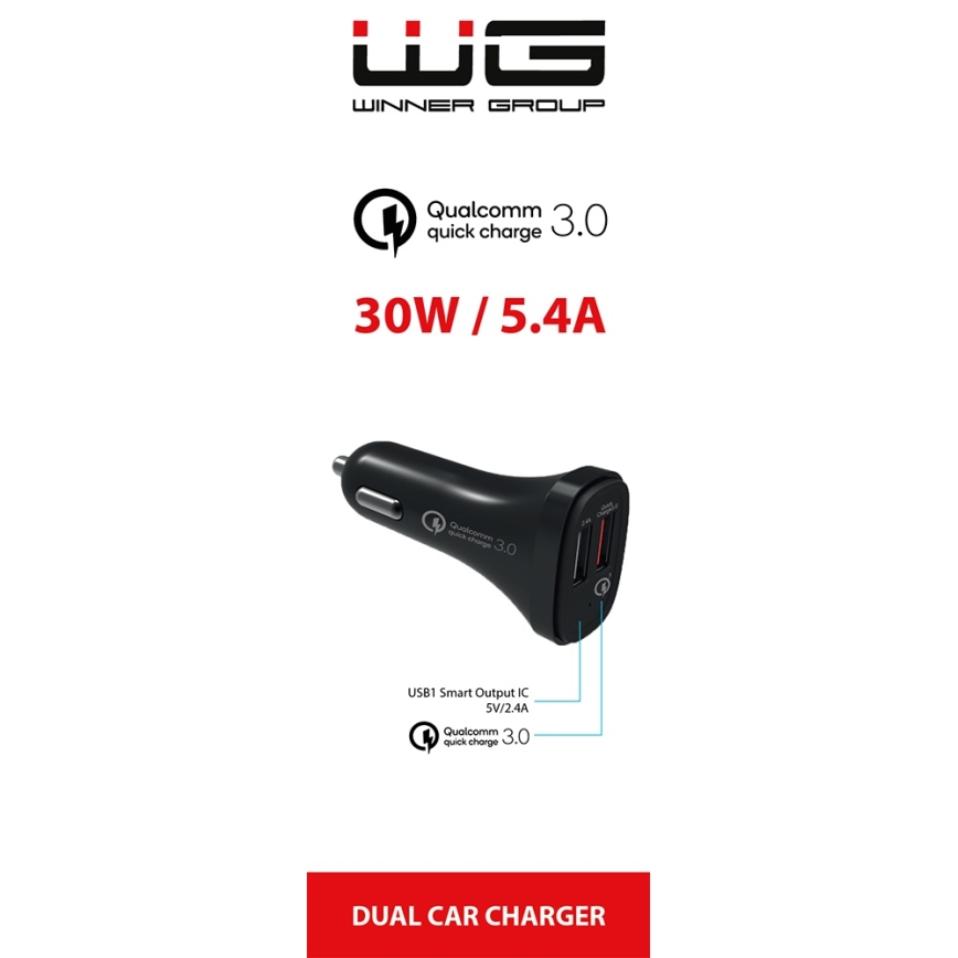 Winner Group - Avto polnilnik 2xUSB-A Power Delivery 30W črna