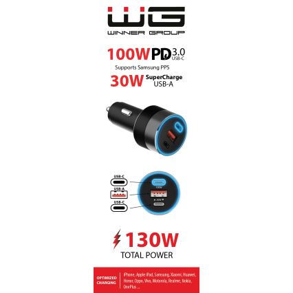 Winner Group - Avto polnilnik 2xUSB-C + 1xUSB-A Power Delivery 130W črna