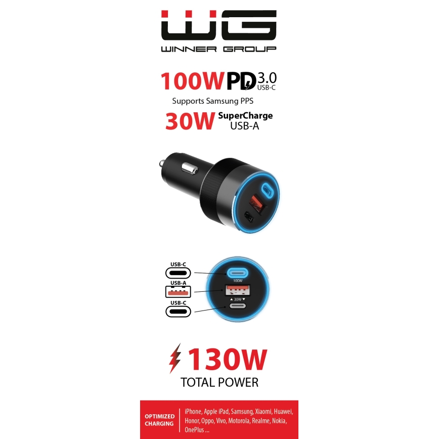 Winner Group - Avto polnilnik 2xUSB-C + 1xUSB-A Power Delivery 130W črna