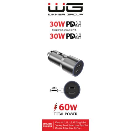 Winner Group - Avto polnilnik 2xUSB-C Power Delivery 60W srebrna