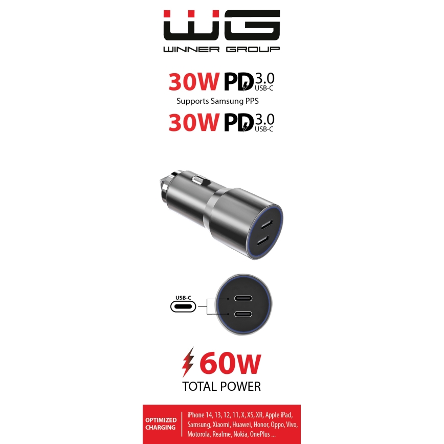 Winner Group - Avto polnilnik 2xUSB-C Power Delivery 60W srebrna