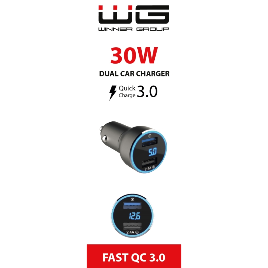 Winner Group - Avto polnilnik s zaslon 2xUSB-A Power Delivery 30W črna