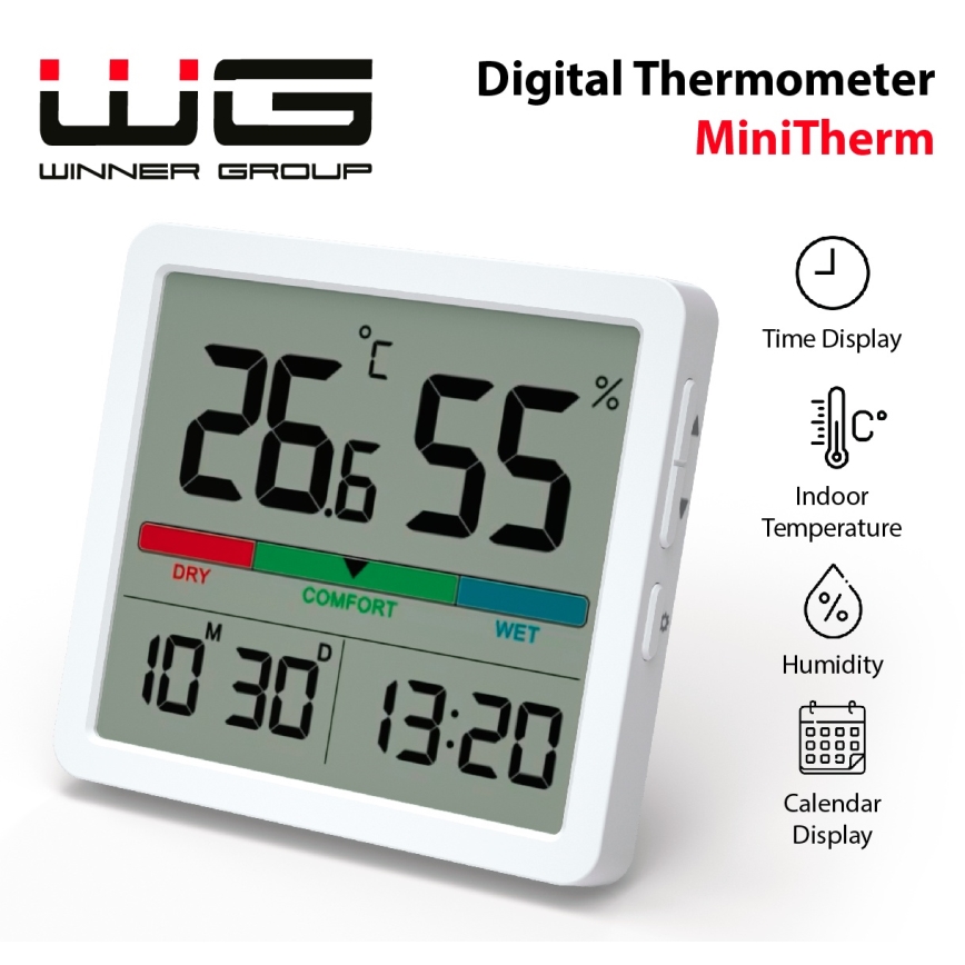Winner Group - Digitalni termometer z LCD zaslonom in merilnik vlažnosti 2xCR2032 bela