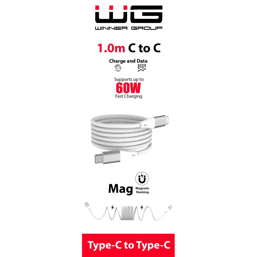 Winner Group - Magnetni USB kabel USB-C / USB-C 60W 1m bela