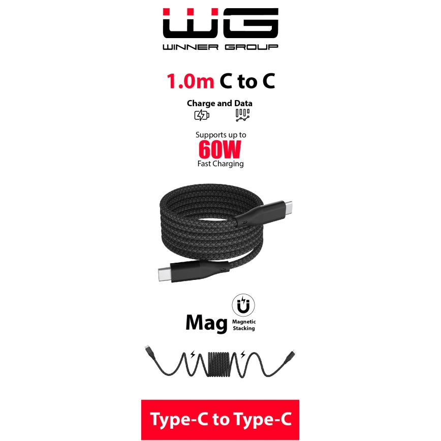 Winner Group - Magnetni USB kabel USB-C / USB-C 60W 1m črna
