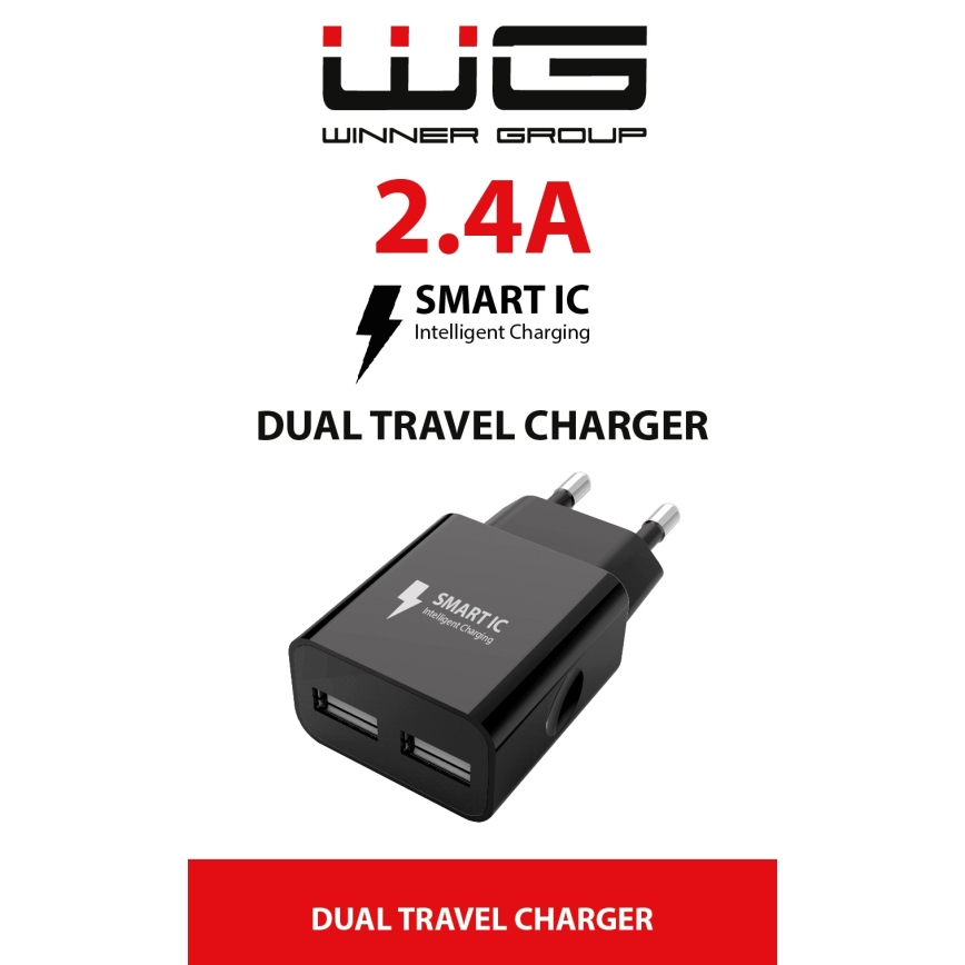 Winner Group - Polnilni adapter 2xUSB-A 12W črna