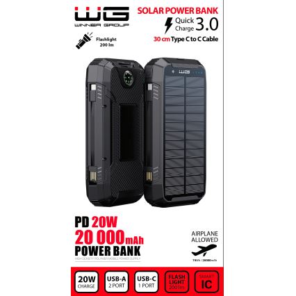 Winner Group - Power Bank z brezžičnim polnilnikom in solarni panel 20000 mAh 20W PD