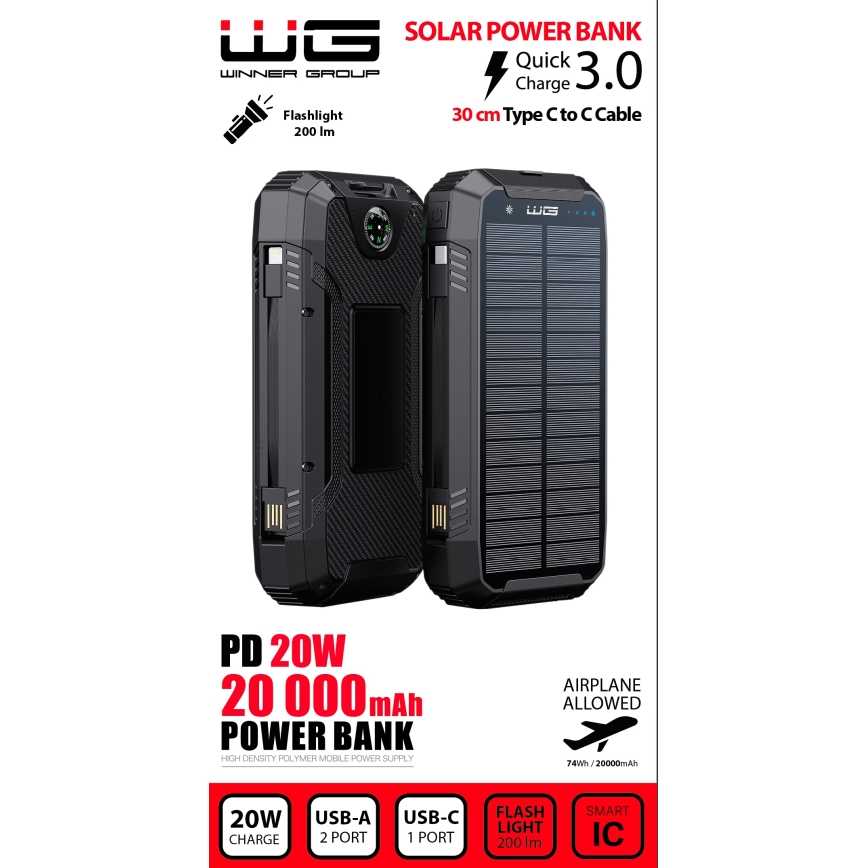 Winner Group - Power Bank z brezžičnim polnilnikom in solarni panel 20000 mAh 20W PD