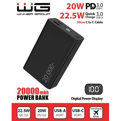 Winner Group - Power Bank z zaslonom 20000 mAh 20W Power Delivery črna