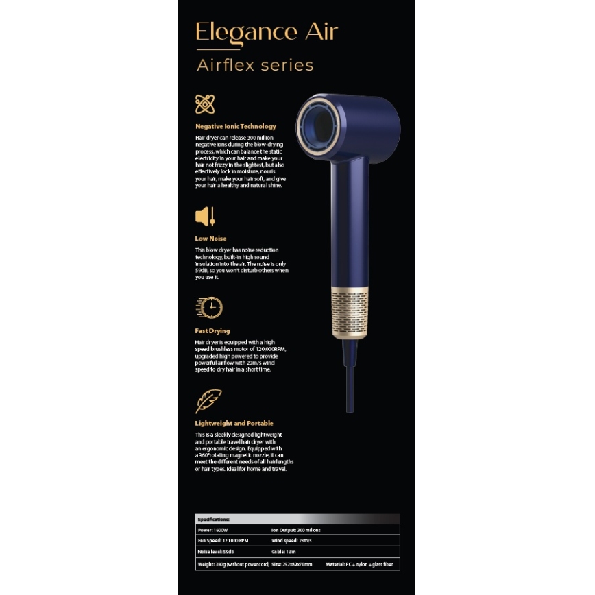 Winner Group - Sušilnik za lase z ionizatorjem Elegance Air 1600W/230V modra