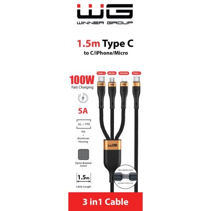 Winner Group -USB kabel 3v1 USB-C / Lightning, USB-C in Micro USB 100W 1,5m črna