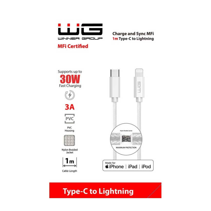 Winner Group - USB kabel MFI Lightning / USB-C 1m bela